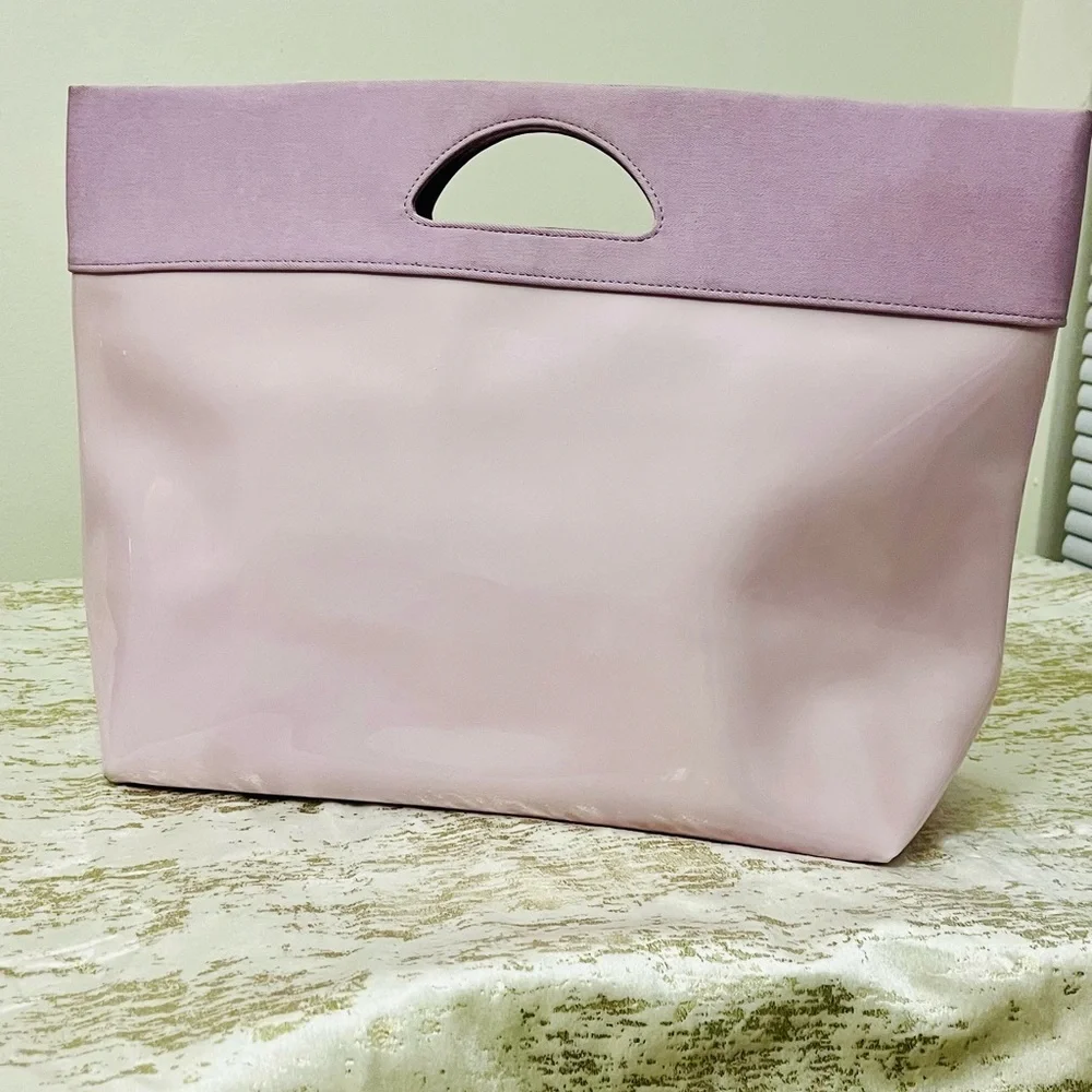 Women’s Pastel Pink Purple Two-Tone Tote with Cosmetic Bag Pouch Patent Leather